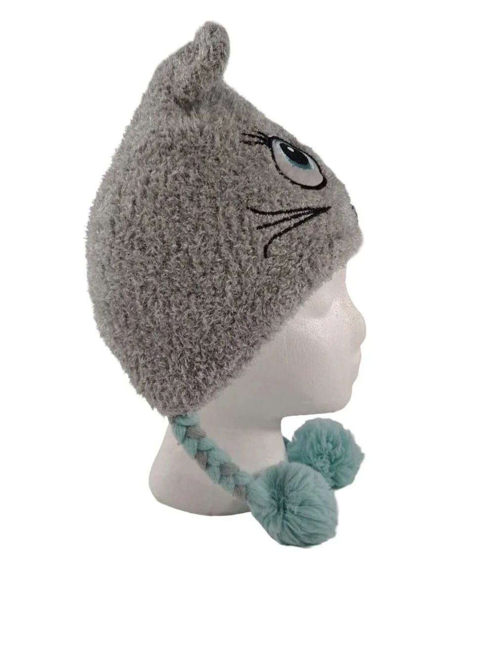 Girl's Mint Green & Gray Kitty-Cat Themed Winter Beanie
